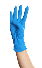 Woman in blue latex gloves showing four fingers on white background, closeup of hand