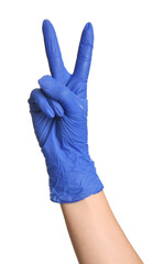 Woman in blue latex gloves showing two fingers on white background, closeup of hand