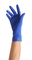 Woman in blue latex gloves on white background, closeup of hand