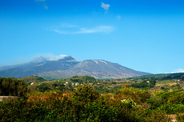Fototapeta premium Etna is an active stratovolcano on the east coast of Sicily, close to Messina and Catania. It is the largest continuously active volcano in Europe