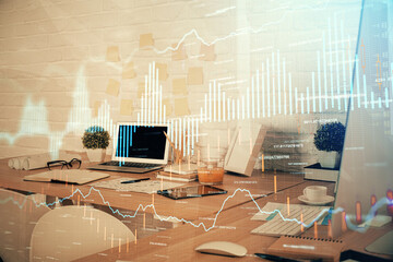Multi exposure of stock market chart drawing and office interior background. Concept of financial analysis.