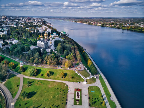 Aerial view of park at Strelka and Assumption Cathedral by Volga River in city, Yaroslavl, Russia