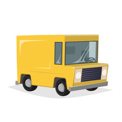 funny cartoon illustration of a yellow delivery truck in retro style