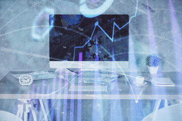 Multi exposure of financial graph drawing and office interior background. Concept of market...