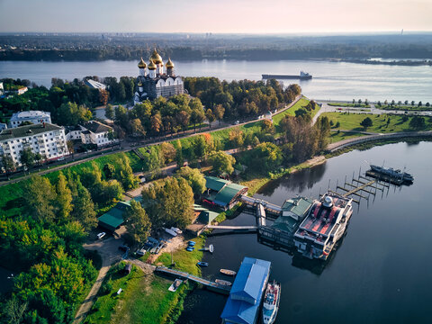 Aerial view of harbor near park at Strelka with Assumption Cathedral by Volga and Kotorosl river crossing, Yaroslavl, Russia