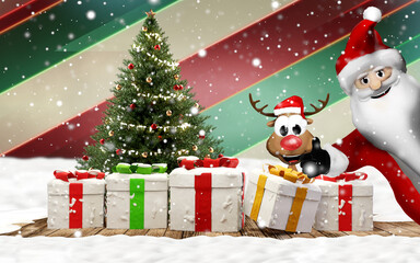 cute deer with happy Santa Claus as Christmas presents concept snow background 3d-illustration