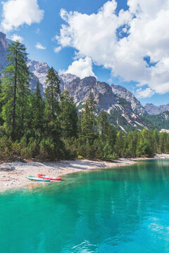 Paddleboards at Pragser Wildsee lakeshore by trees on sunny day, Dolomites, Alto Adige, Italy