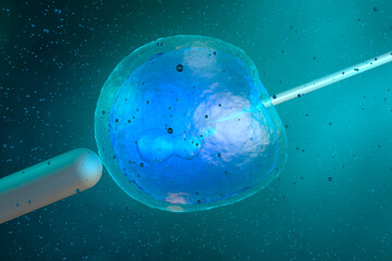 Three dimensional render of stem cell being injected with DNA