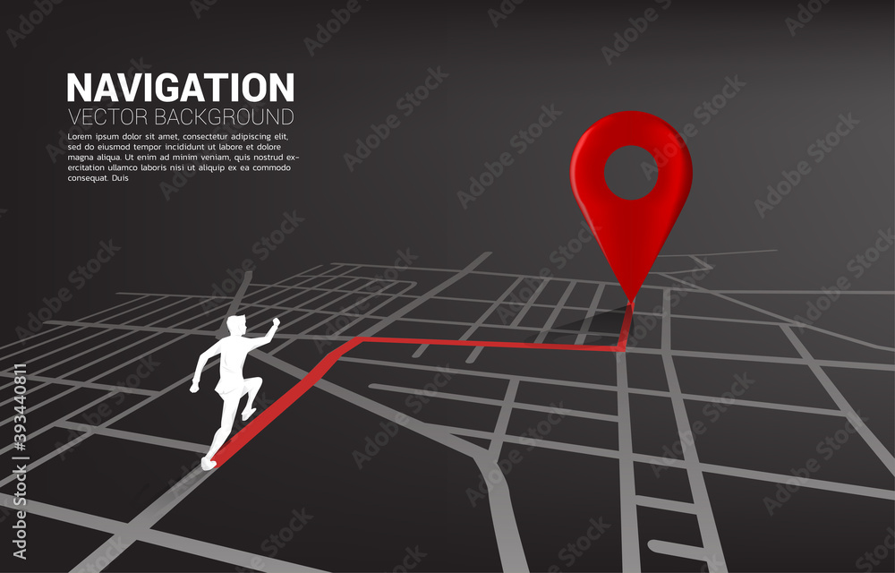 Poster route between 3d location pin markers and businessman on city road map. concept for gps navigation s