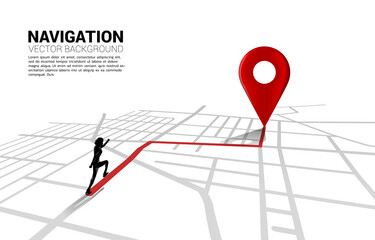 Route between 3D location pin markers and businessman on city road map. Concept for GPS navigation system infographic.
