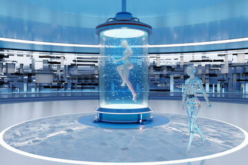 3D rendered Illustration of woman transferring her consciousness into gynoid in regeneration tank