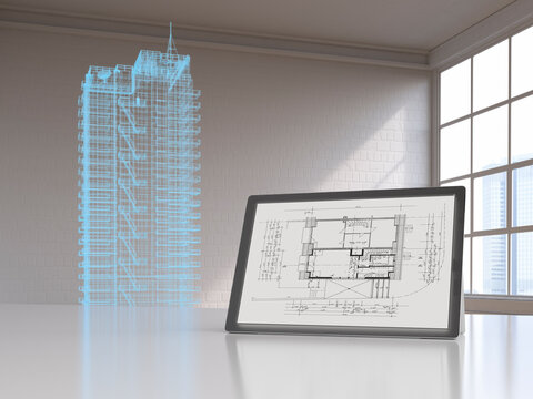 Tablet with blueprint and model of a skyscraper with digital grid, 3d rendering