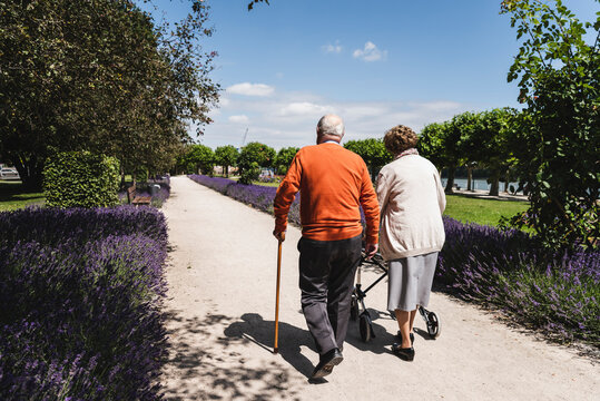 Senior couple walking in park, woman using wheeled walker