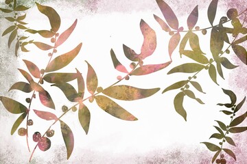 Hand drawn and painted watercolor  border of leaves and berries blended artistic colors, greens purples, pinks, greens, rose and artistic border and backgrounds , for cards , invitations, brochures © kalanustudios.com