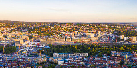 Germany, Baden-Wurttemberg, Stuttgart, Aerial panorama of Kernerviertel neighborhood at dusk