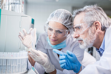 Two scientists examining samples in lab