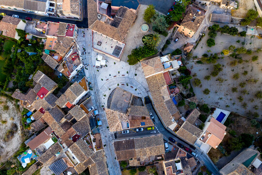 Spain, Mallorca, Calvia, Helicopter view of old town houses