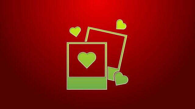 Green line Two blanks photo frames and hearts icon isolated on red background. Valentines Day symbol. 4K Video motion graphic animation