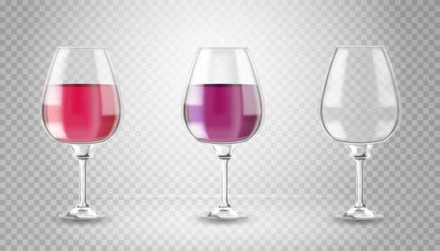 Transparent vector wineglass with shadow on transparent background. Realistic 3d illustration.