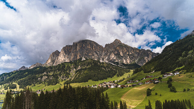 Italy, South Tyrol, Corvara, Scenic panorama of village in Dolomites