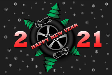 Happy new year 2021 and car wheel with Christmas trees and racing car on an isolated background. Design pattern for greeting card. Vector illustration