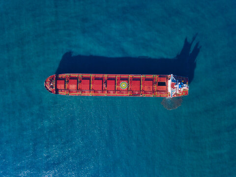 Aerial view of container ship sailing in Sea of Japan