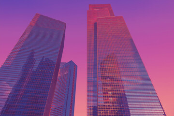 Tall modern skyscraper against sky during sunset