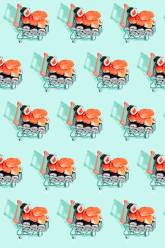 Fresh Japanese salmon sushi nigiri in shopping carts on colored background