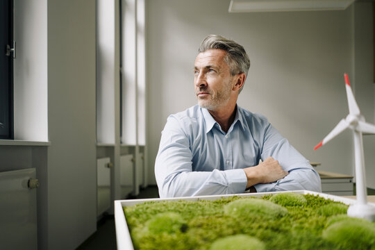 Businessman looking away while sitting by wind turbine toy and moss frame at office