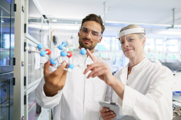 Smiling female scientist touching molecular structure held by young male colleague at laboratory