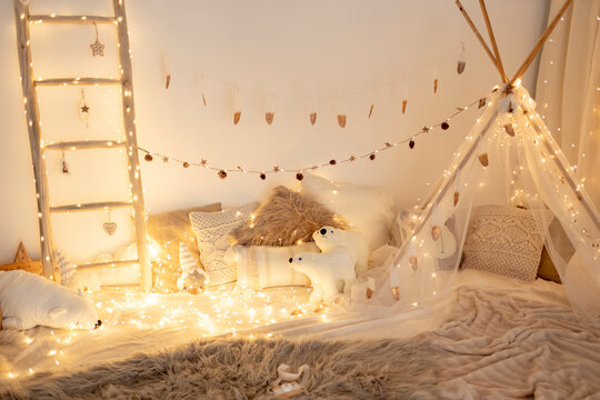 Room decorated with fairy lights