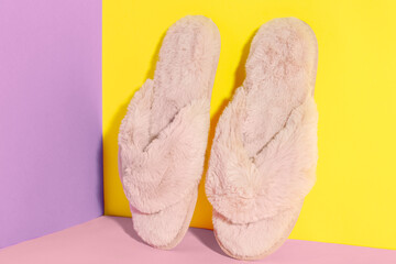 Pair of soft slippers on color background