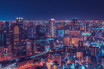 Illuminated modern buildings in city at night, Osaka