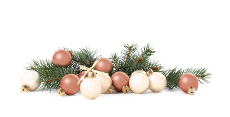 Beautiful Christmas balls and fir branches on white background