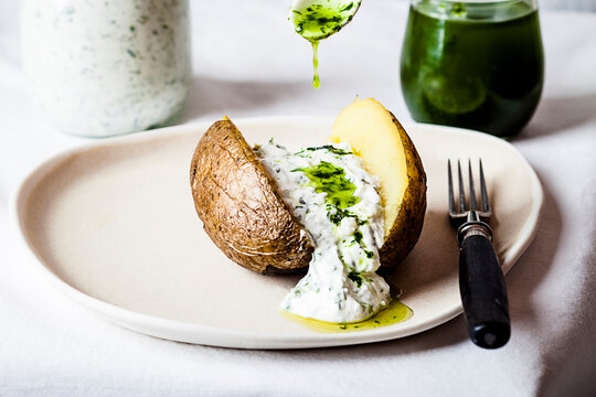 Baked potato with herb quark and homemade ramson&Ocirc;&oslash;&Omega;oil