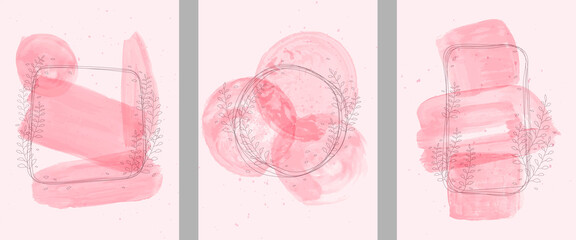 Vector illustration. Abstract contemporary backgrounds set. Design for poster, postcard, invitation card, flyer, brochure cover. Watercolor painting. Hand painted frame. Pink pastel floral style. © VVadi4ka