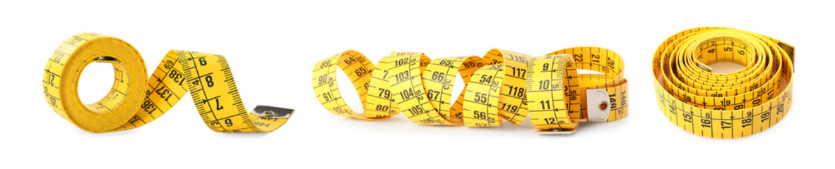 Set of yellow measuring tapes on white background. Banner design