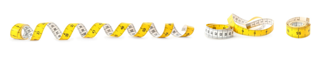Set of yellow measuring tapes on white background. Banner design