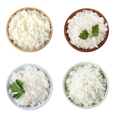Set of bowls with cooked rice isolated on white, top view