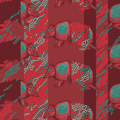 Seamless texture with armadillos and abstract organic diffuse texture. Template for packaging, printing on fabric.