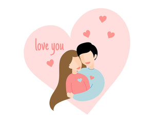 Couple of young man and woman vector flat style love illustration. Casual girl, guy, family Romance and Saint Valentine's Day concept