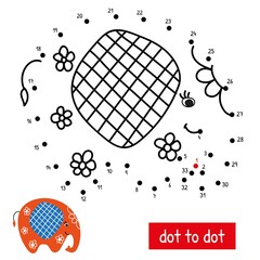 The cute bright elephant is decorated with painted flowers. Connect the dots in order. Educational numbers game vector illustration. Coloring book page with color pattern.