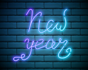 Happy New Year blue text for greeting card on brick wall background. Vector neon light hand drawn calligraphy font for 2018 year winter holiday poster template or Christmas celebration design