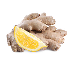 Fresh ginger root and lemon on white background