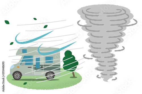 竜巻の被害に遭うキャンピングカーのベクターイラスト Wall Mural Icim