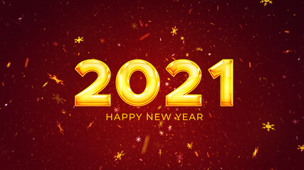 2021 Happy New Year golden particles bokeh snowflake red background new year resolution concept.