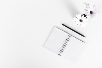 White desk with white flowers in a black vase, note pad, and pencil, directly above view