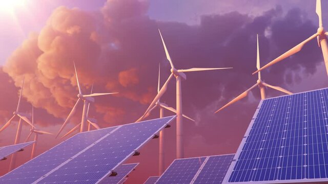 Solar panels and Wind turbines on the background of sunset, sunlight. Concept of clean energy, green energy, renewable energy, alternative energy. Photovoltaic panel. Loop seamless 4K 3D animation