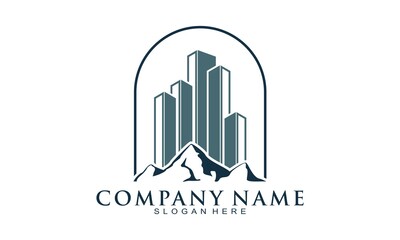 Mountain and building illustration vector logo