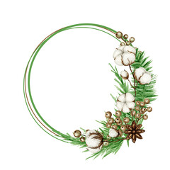 Christmas Boho wreath with pine branches, star anise, Cotton flower. Watercolor Vintage winter border New Year cards, invitations